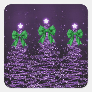 Adesivo Quadrado Árvores Reluzentes de Natal Roxo com Laço Verde Fa