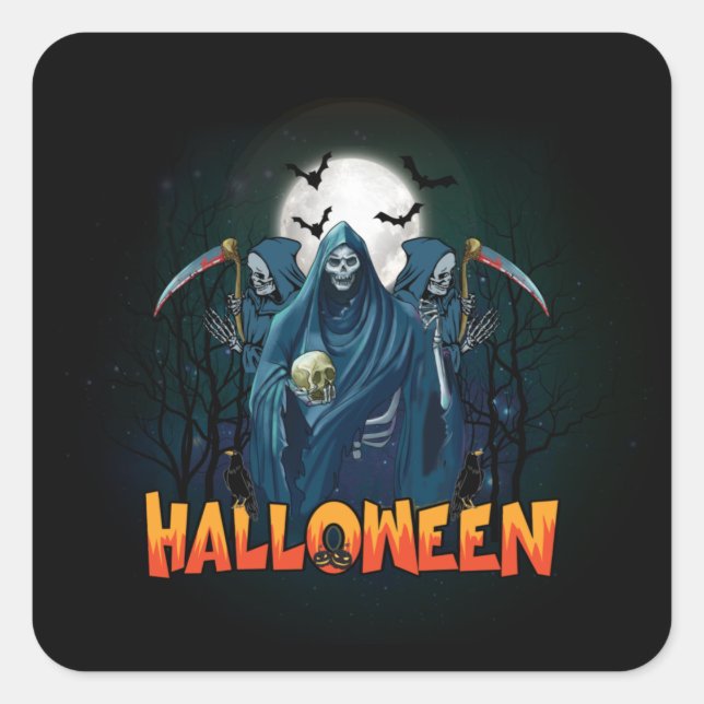 Adesivo Quadrado Assustador Esqueleto Noturno Halloween, Meu Humor  (Frente)