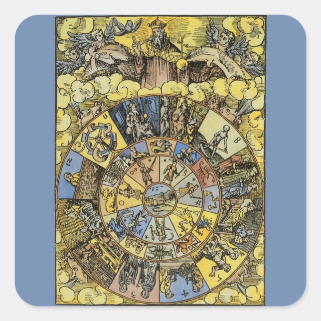 Adesivo Quadrado Astrologia Vintage, Renascença Roda Zodiaca, 1555 (Frente)