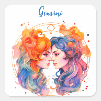 Adesivo Quadrado Astrologia zodiac de Gemini em aquarela