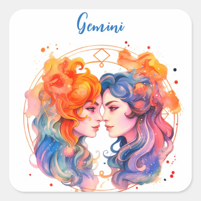 Adesivo Quadrado Astrologia zodiac de Gemini em aquarela (Frente)