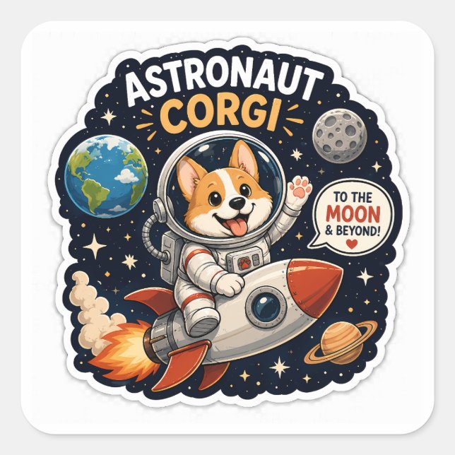 Adesivo Quadrado Astronauta Corgi – Para a Lua & Além! (Frente)