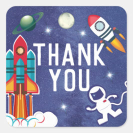 Adesivo Quadrado Astronauta Rocket Ship Outer Space Obrigado