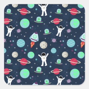 Adesivo Quadrado Astronautas Planetas Foguetes e Alienígenas