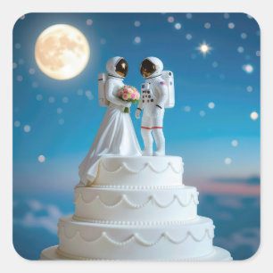 Adesivo Quadrado Astronautas recém-casados em um Bolo de Casamento