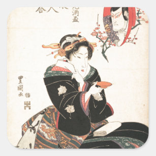 Adesivo Quadrado Ator de Kabuki refletido em um copo de causa