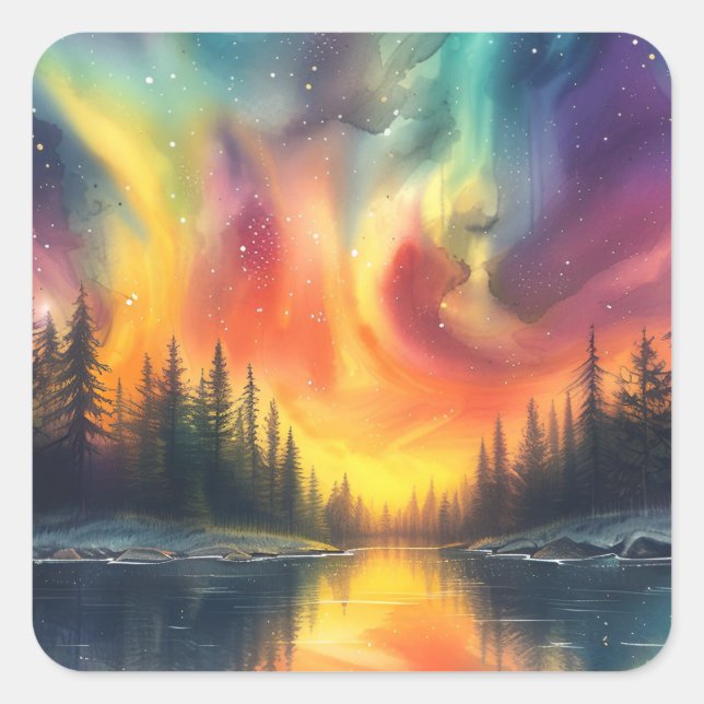 Adesivo Quadrado Aurora Boreal No Lago Com Estrelas (Frente)
