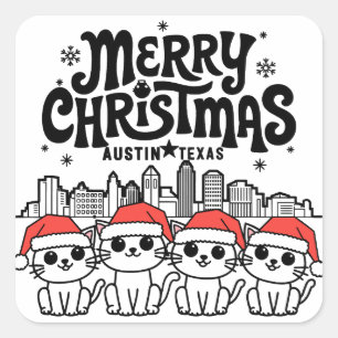 Adesivo Quadrado Austin City Texas Merry Christmas Cats USA