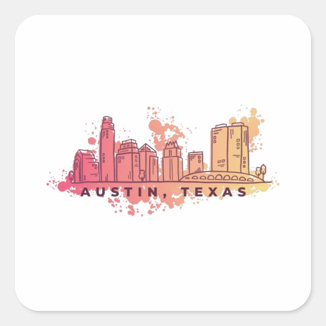 Adesivo Quadrado Austin Texas Watercolor Skyline (Frente)