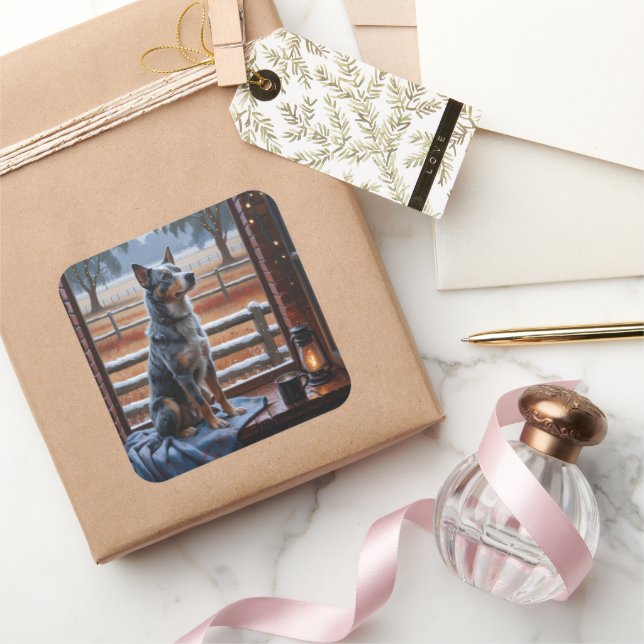 Adesivo Quadrado Australian Cattle With Christmas Lights Holiday (Presentear)