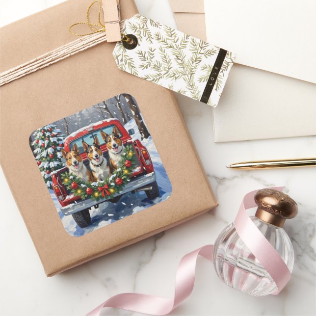 Adesivo Quadrado Australian Kelpie Christmas Red Truck Holiday (Presentear)