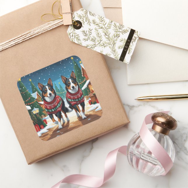 Adesivo Quadrado Australian Kelpie Dogs Christmas Snow Holiday (Presentear)