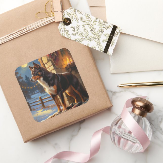 Adesivo Quadrado Australian Kelpie With Christmas Lights Holiday (Presentear)