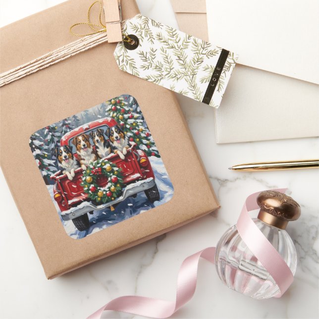 Adesivo Quadrado Australian Shepherd Christmas Red Truck Holiday (Presentear)