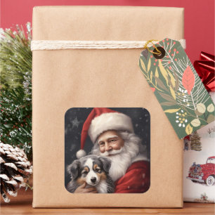 Adesivo Quadrado Australian Shepherd com o Natal do Papai Noel
