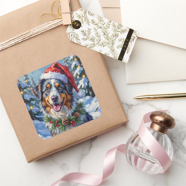 Adesivo Quadrado Australian Shepherd Merle Winter Christmas Art (Presentear)