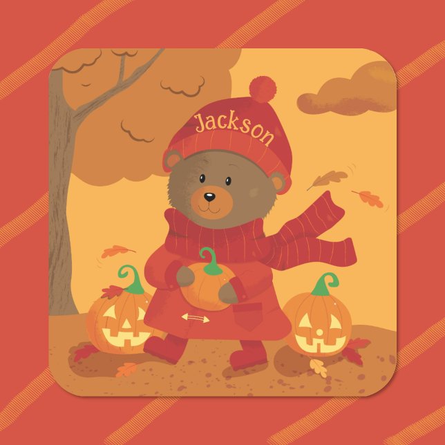 Adesivo Quadrado Autocolante de criança Urso Marrom de Outono (Cute brown bear with pumpkin kid autumn sticker .)