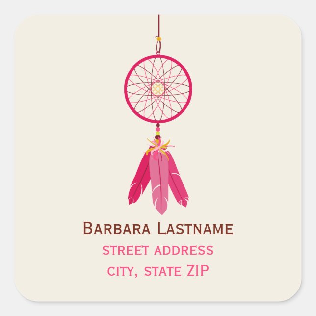 Adesivo Quadrado Autocolante de Endereços do Dreamcatcher Rosa (Frente)