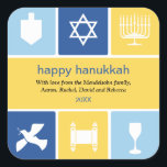 Adesivo Quadrado Autocolante de ícones de Hanukkah<br><div class="desc">Este adesivo usa os ícones de Chanucá para transmitir desejos calorosos. As cores azul brilhante e dourada rodeiam ícones de um sonho, menorah e xícara de rins, entre outros, para enquadrar sua mensagem. Excelente como selos de envelopes ou para colar em embalagens ou presentes de férias. Disponível em cores alternativas...</div>