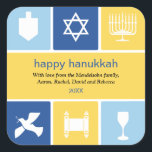 Adesivo Quadrado Autocolante de ícones de Hanukkah<br><div class="desc">Este adesivo usa os ícones de Chanucá para transmitir desejos calorosos. As cores azul brilhante e dourada rodeiam ícones de um sonho, menorah e xícara de rins, entre outros, para enquadrar sua mensagem. Excelente como selos de envelopes ou para colar em embalagens ou presentes de férias. Disponível em cores alternativas...</div>