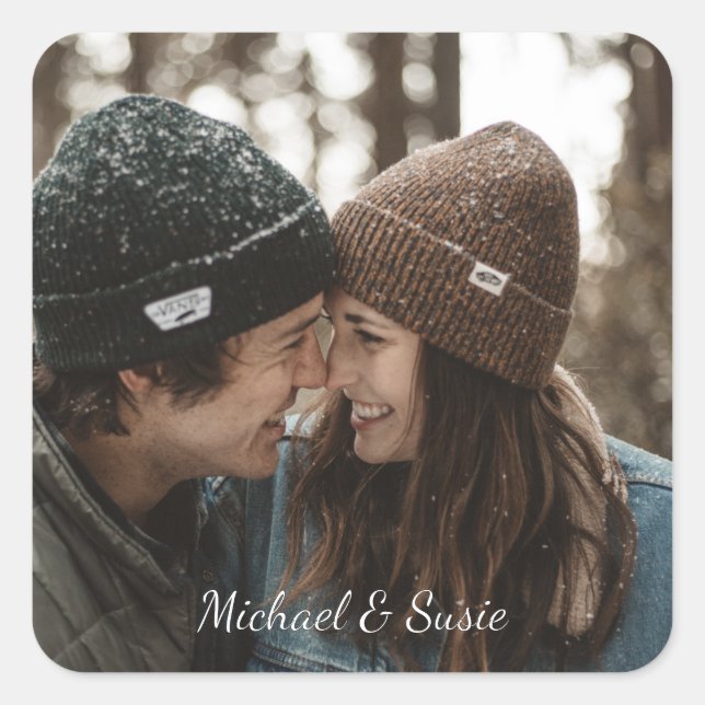 Adesivo Quadrado Autocolantes com texto personalizado na parte infe (Frente)