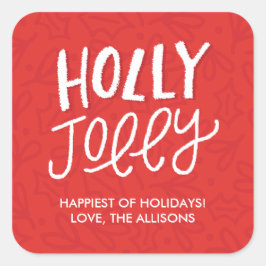 Adesivo Quadrado Autocolantes de Natal Holly Jolly com Mão - Vermel