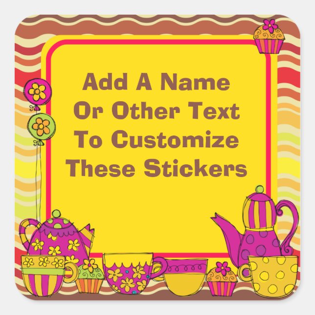 Adesivo Quadrado Autocolantes de Tea Party Personalizados (Frente)