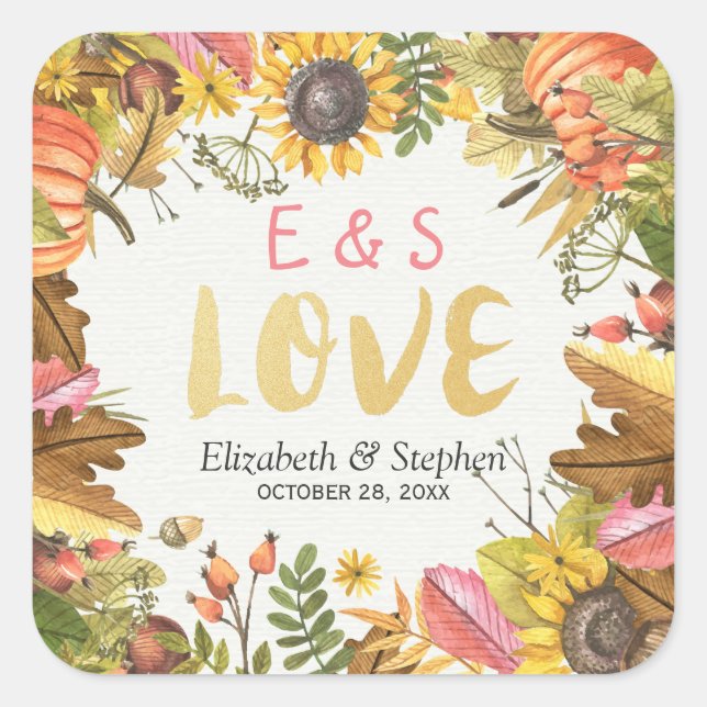 Adesivo Quadrado Autumn Fall Maple Deixa Pumpkin Casado Obrigado (Frente)