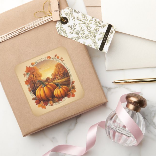 Adesivo Quadrado Autumn Fall Season Pumpkin and Landscape Motif (Presentear)