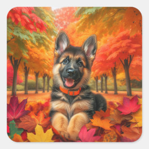 Adesivo Quadrado Autumn German shepherd Puppy Aniversário