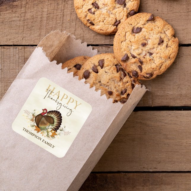 Adesivo Quadrado Autumn Greenery Watercolor Foliage Ação de Graças (Happy Thanksgiving turkey with greenery and foliage. )