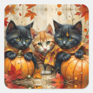 Adesivo Quadrado Autumn Kittens Pumpkins e Foliage
