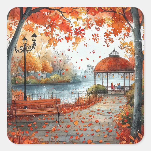 Adesivo Quadrado Autumn Orange Gazebo Park Ilustração (Frente)