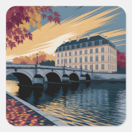 Adesivo Quadrado Autumn Riverside European City Illustration Art
