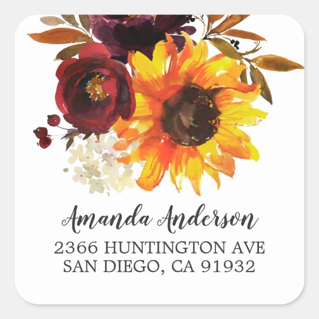 Adesivo Quadrado Autumn Sunflower Buquê Floral Endereço (Frente)