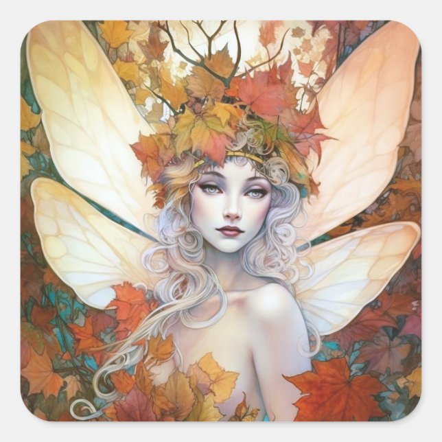 Adesivo Quadrado Autumn Woodland Fairy Fantasy Art (Frente)