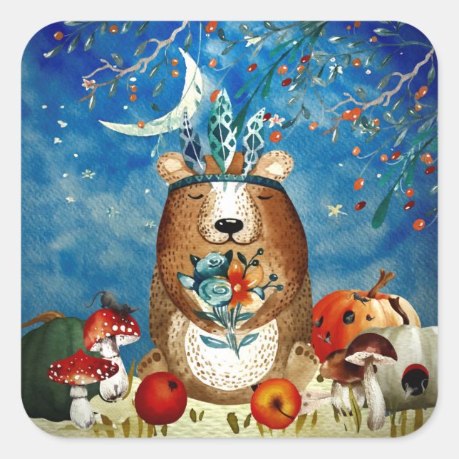Adesivo Quadrado Autumn Woodland Friends Bear Forest Illustration (Frente)