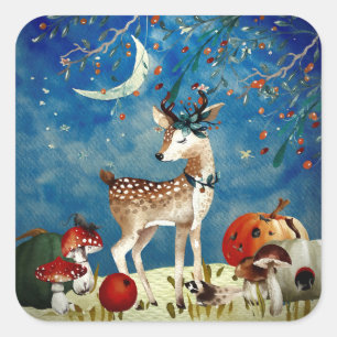 Adesivo Quadrado Autumn Woodland Friends Deer Forest Ilustration
