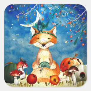 Adesivo Quadrado Autumn Woodland Friends Fox Forest Illustration