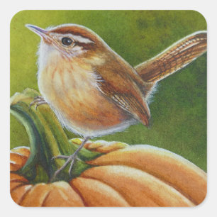 Adesivo Quadrado Autumn Wren Bird em Orange Pumpkin Watercolor Art
