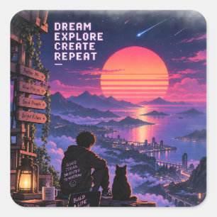 Adesivo Quadrado Aventura do Sonho Futurista Retro Pôr do Sol