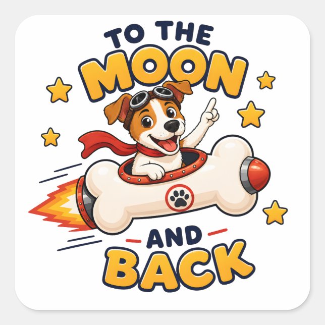 Adesivo Quadrado Aventura Espacial do Cão Até a Lua e de Volta (Frente)