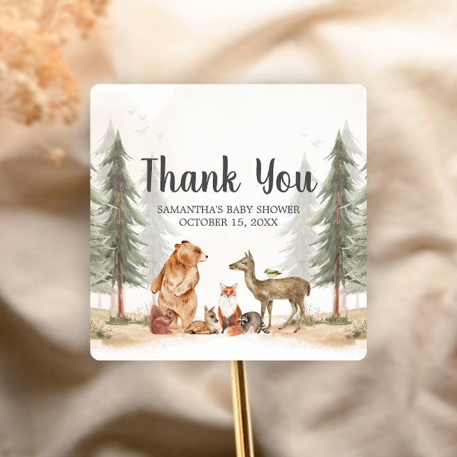 Adesivo Quadrado Aventura Espera no Chuveiro de Bebê Florestal (Woodland Baby Shower Sticker)
