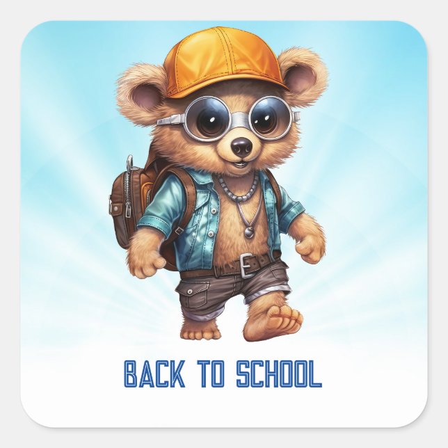 Adesivo Quadrado Aventuras Sunny com Urso de Beachy - Prontos para  (Frente)