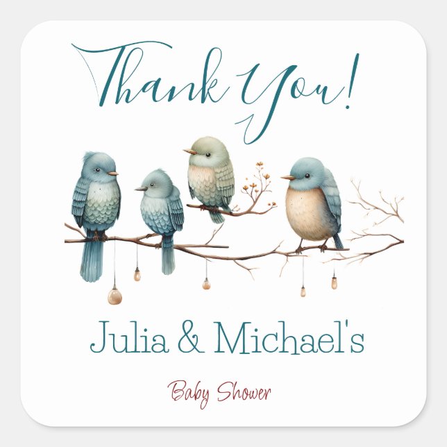 Adesivo Quadrado Aves Whimsical em Ramais Chá de fraldas de Pastel (Frente)
