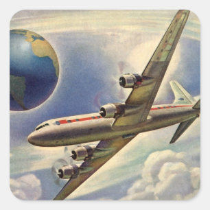 Adesivo Quadrado Avião Vintage Voando ao redor do mundo em nuvens
