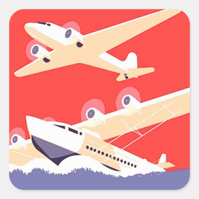 Adesivo Quadrado Avião Voando Vintage WPA Colorido (Frente)