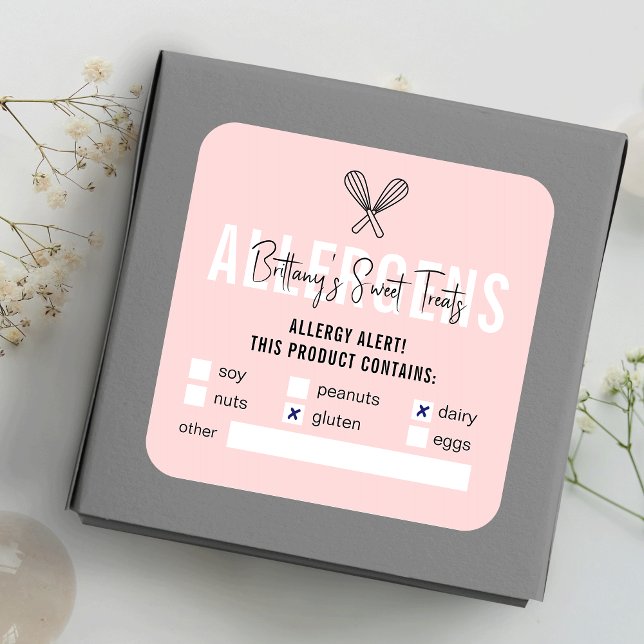 Adesivo Quadrado Aviso de alergia à segurança da Comida rosa e bran (Criador carregado)