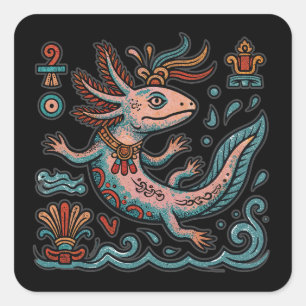 Adesivo Quadrado Axolote Azteca Xolotl pedra erodida tribal arte bo