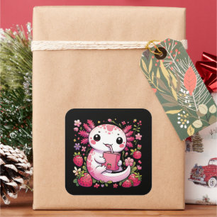 Adesivo Quadrado Axolotl Bebendo Japonês Leite de Morango